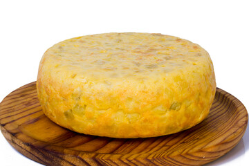 Tasty spanish omelette on a wooden tray on white background