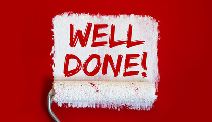 Well Done .One open can of paint with white brush on red background. Top view.