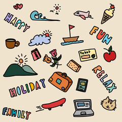 Holiday icon and text  with boat, ticket, sea, coffee, mountain, cat, smartphone, plane and sky. It is isolated icon.