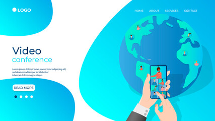 A businessman conducts an online video conference using a smartphone.Hands of a person with a smartphone on the background of the planet Earth.modern technologies of remote work and freelancing.Flat v