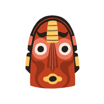 Funny ethnic indian tribal mask with round eyes and open mouth. Dreaded ancient ritual symbol or souvenir. Drawn flat vector illustration isolated on white background. Clip art element for design