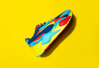 Multicolor sport shoes on yellow background with shadows. flatlay