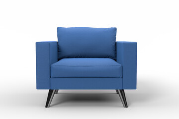 Blue armchair with pillows on studio white background.