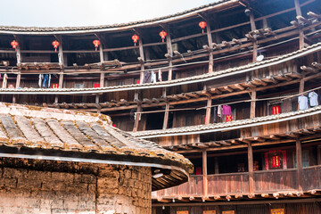 FUJIAN,CHINA 14 october 2020 - A panoramic wide angle view of Tulou courtyard,Tulou is the unique traditional rural dwelling of Hakka.	