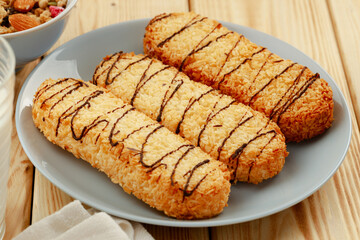 Shortbread cookies on wooden board close up