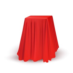 Red cloth drapery covering square table. Silk fabric hanging on gift for surprise reveal vector illustration. Hidden secret under veil decoration. Mysterious presentation event