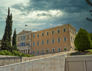 Athens, Greece, the Greek parliament classic building, ex king's palace under impressive sky