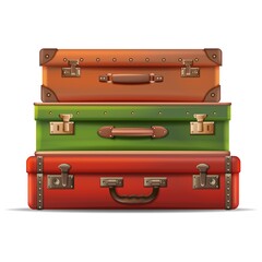 3d realistic vector travel collection of suitcases stacked on top of each other in leather. Isolated on white background.