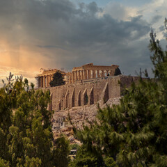 Fototapeta na wymiar scenic view of Parthenon temple on Acropolis hill and cloudy sky sunset, Athens Greece