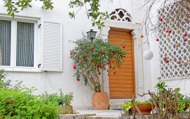 Fototapeta na wymiar stylish family house facade and entrance door, Christmas decorated