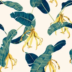 Zelfklevend Fotobehang Floral seamless pattern, hand drawn banana leaves and Cananga odorata on bright orange © momosama