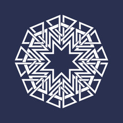 Eight pointed circular pattern in Oriental intersecting lines style. White mandala in snowflakes form on blue background.
