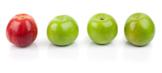 A row of fresh apples on white reflective background.