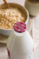 Fresh semi skimmed milk in a recyclable pint glass bottle delivered to the door 