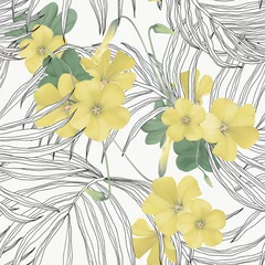 Selbstklebende Fototapeten Floral seamless pattern, Oxalis stricta flowers and palm leaves on bright grey © momosama