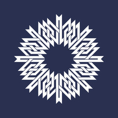 Circular pattern in Asian intersecting lines style. White eight pointed mandala in snowflake form on blue background.