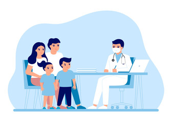 Consultation family parents and children in clinic medical office. Medical family advice, doctor supervision. Prevention and treatment to maintain health. Vector flat