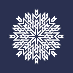 Eight pointed circular pattern in Oriental intersecting lines style. White mandala in snowflakes form on blue background.