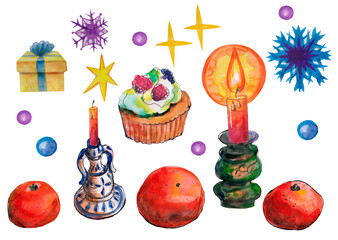New Year and Christmas set. Tangerines, a candlestick with a burning candle, a cake with berries, a gift box, snowflakes, stars, balls. The sketch is drawn by hand with watercolor and ink on a white 