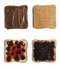 Four toast bread with jam and chocolate paste and peanut butter
