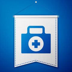 Obraz premium Blue First aid kit icon isolated on blue background. Medical box with cross. Medical equipment for emergency. Healthcare concept. White pennant template. Vector Illustration.