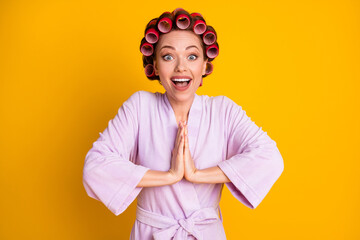 Portrait of attractive cheerful cheery woman wearing curlers asking favor isolated over vibrant yellow color background