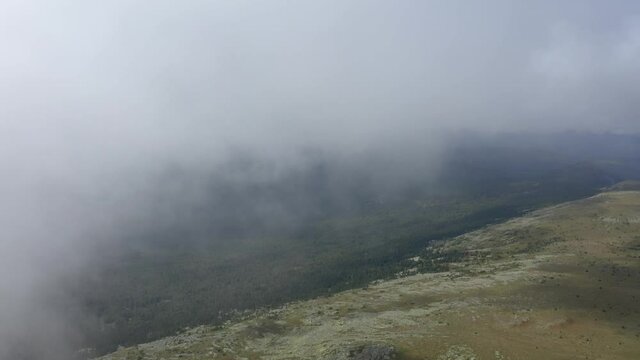 Aerial views of Ural mountains in cloud, the Southern Urals