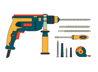 A set of construction tools. Cartoon drilling machine, drill, screwdriver, self-tapping screw, dowel, tape measure. Power tools, hammer drill. Fastening element.