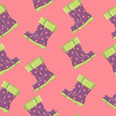 Pattern with the image of rubber boots. Polka-dot boots. Pattern of garden-themed textures. Colorful picture