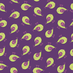 Funny green bird with lilac wings. Pattern on a lilac background