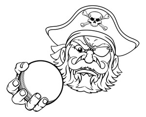 A pirate cricket sports mascot cartoon character holding a ball