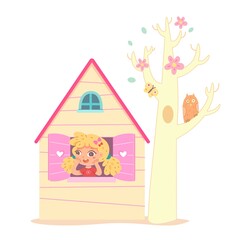Little girl in playhouse with tree. Toy shop or store for children vector illustration. Happy girl looking out of house window and shouting. Tree with owl, butterfly, flowers