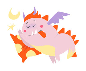 Funny Comic Monster with Wings Sleeping on Pillow Vector Illustration