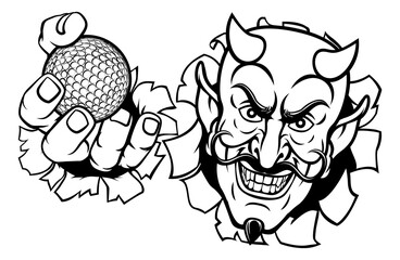 A devil or satan golf sports mascot cartoon character holding a ball