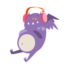 Fototapeta premium Funky Monster with Wings and Horns Sitting with Headphones and Listening to Music Vector Illustration