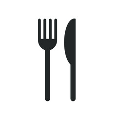 Fork and knife icon logo. Simple flat shape restaurant or cafe place sign. Kitchen and diner menu symbol. Vector illustration image. Black silhouette isolated on white background.