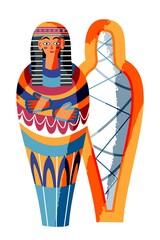 Ancient Egypt mummy in sarcophagus. Egyptian art history symbol and tradition vector illustration. Pharaoh painting on coffin. Mythology elements and patterns on white background