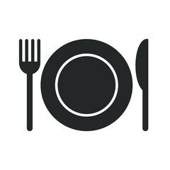Fork knife and plate icon logo. Simple flat shape restaurant or cafe place sign. Kitchen and diner menu symbol. Vector illustration image. Black silhouette isolated on white background.