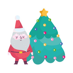 merry christmas, santa with tree cartoon celebration icon isolation