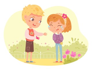 Friend supports and comforts sad crying girl. Empathy, compassion and love vector illustration. Sad upset girl in park. Boy giving sweets, consoling and caring, sympathy