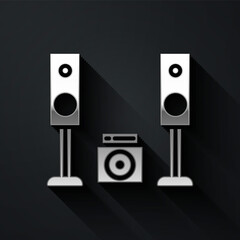 Silver Home stereo with two speaker s icon isolated on black background. Music system. Long shadow style. Vector Illustration.