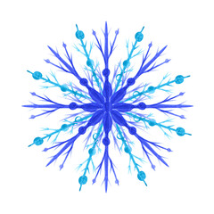 Blue watercolor snowflake isolated on a white background. A hand-drawn flake of snow for your design. Cute Christmas illustration. Frozen winter object. New year clipart.