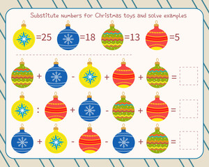 Math game for children: replace Christmas tree decorations with numbers, solve an example and write down the answer