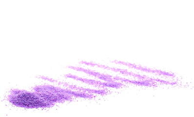 Obraz na płótnie Canvas Glittering purple sand pile, Christmas decoration isolated on white background