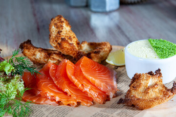 Delicious portion of fresh salmon fillet with shish kebab slices. the concept of cooking
