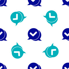 Blue Check mark in speech bubble icon isolated seamless pattern on white background. Security, safety, protection, privacy concept. Tick mark approved. Vector.