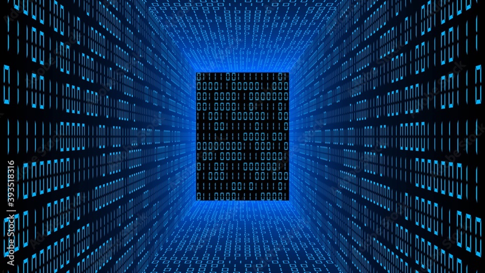 Aufkleber abstract data flow background - blue glowing room with walls made of binary code digits - 3d illustr