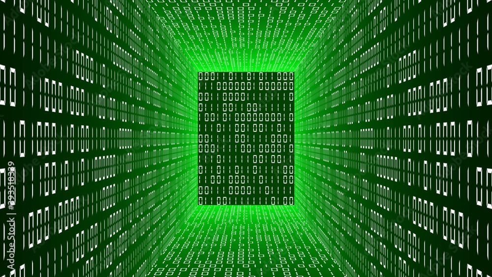 Poster abstract data flow background - green glowing room with walls made of binary code digits - 3d illust