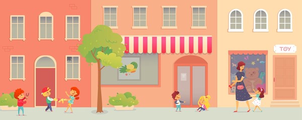 Bad kids arguing and crying on street outdoor. Little boy laughing at girl falling, kids pulling toy, girl crying with mother, naughty kid. Bad behavior vector illustration. Horizontal city panorama