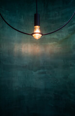 Edison light bulb in dark vintage green room interior 